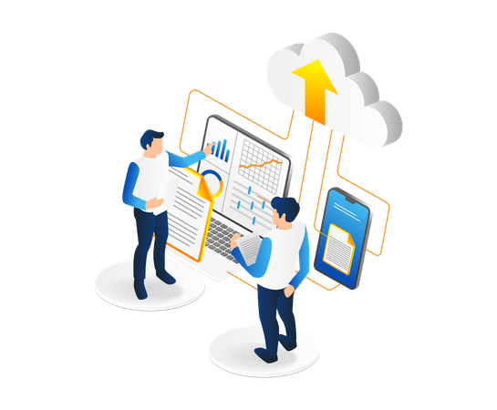 Team analyzing cloud server data  Illustration