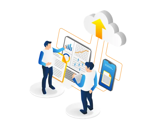 Team analyzing cloud server data  Illustration