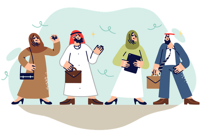 Ein Team arabischer Geschäftsleute in Nationalkleidung kam zu Verhandlungen über einen neuen Vertrag  Illustration