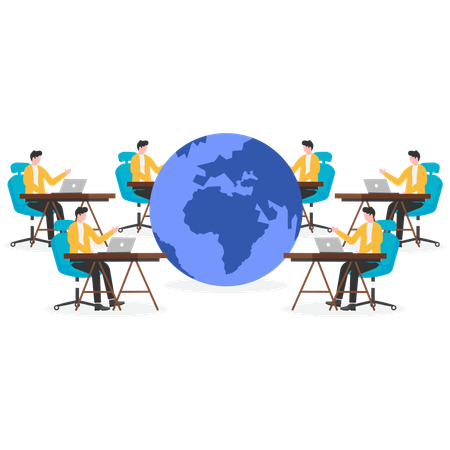 Team arbeitet an einem globalen Kommunikationsnetzwerk  Illustration