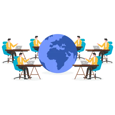 Team arbeitet an einem globalen Kommunikationsnetzwerk  Illustration