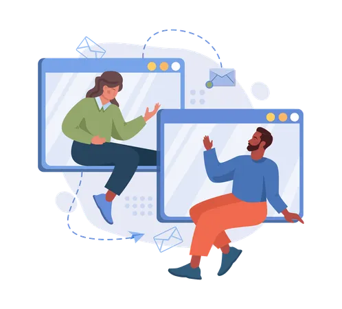 Online Communication Concept Characters With Smart Digital Technologies Video Conferencing And Chatting Through Device With Internet Connection Social Media Community Flat Vector Illustration イラスト