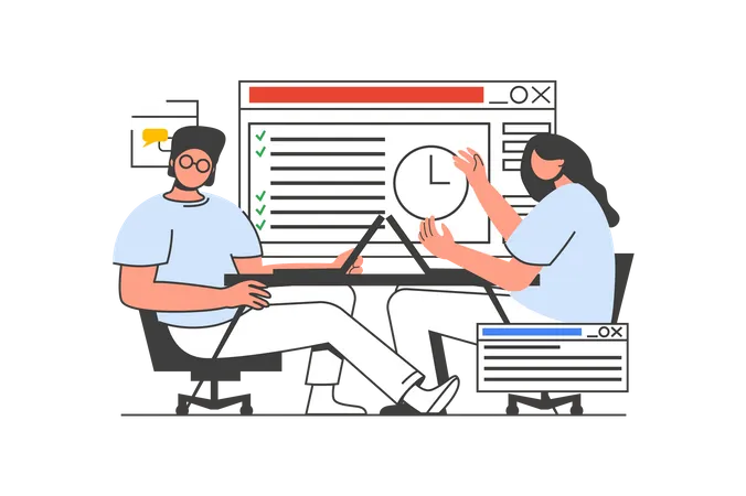 Office Work Outline Web Concept With Character Scene Man And Woman Brainstorming Discussing Do Tasks People Situation In Flat Line Design Vector Illustration For Social Media Marketing Material Illustration