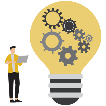 Team Brainstorming with Gear-Powered Light Bulb  Illustration