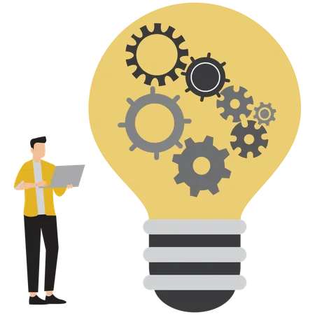 Team Brainstorming with Gear-Powered Light Bulb  Illustration
