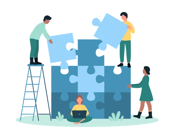 Team Building Vector Illustration Cartoon Tiny People Connect Puzzle Pieces To Match And Build Business Partnership And Teamwork Employees Work On Success Strategy And Best Spirit Of Company Illustration