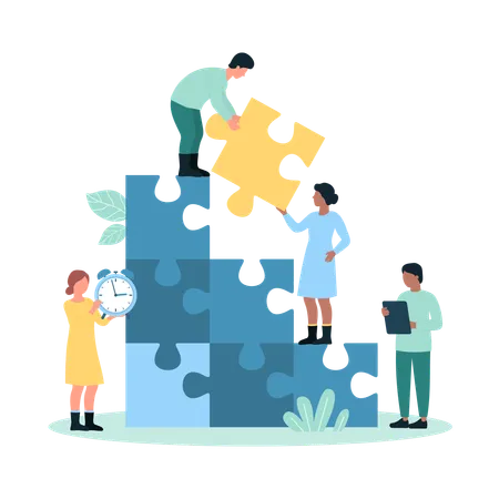 Team Building For Business Growth Vector Illustration Cartoon Tiny People Holding Puzzle Pieces To Build And Put In Company Ladder Employees Climbing Career Stairs From Stack Of Jigsaw Blocks Illustration