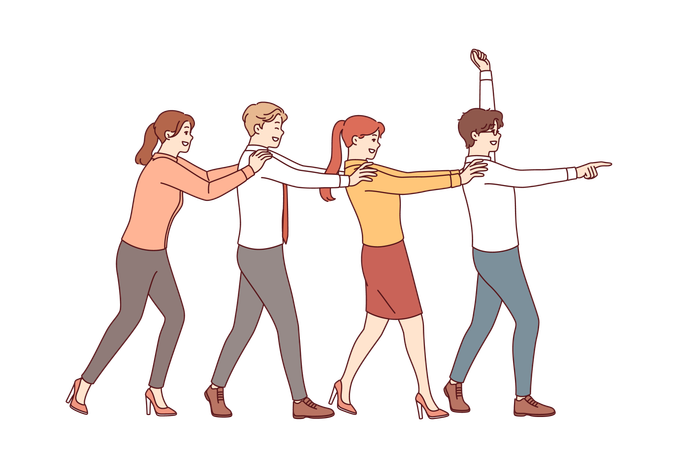 Team building for business people performing dance together and pretending to be train  Illustration