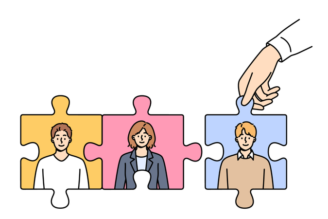 Team building from puzzle with business people in process of recruiting and hiring company personnel  Illustration