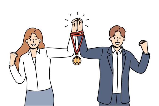 Team business man and woman together received winners medal for excellent work on assigned tasks  イラスト