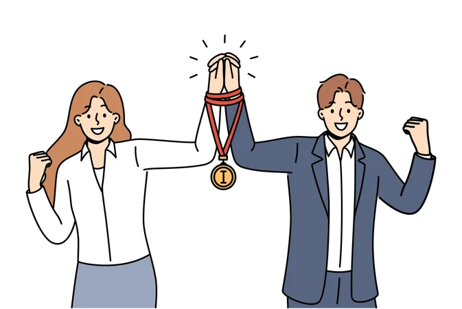 Team business man and woman together received winners medal for excellent work on assigned tasks  Illustration