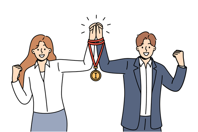 Team business man and woman together received winners medal for excellent work on assigned tasks  Illustration