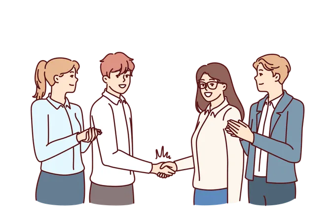 Team Business People And Manager Handshake With Best Employee Company To Motivate Staff To Increase Productivity Successful Business Team Clapping And Shaking Hands Rejoicing At Joint Achievements Illustration