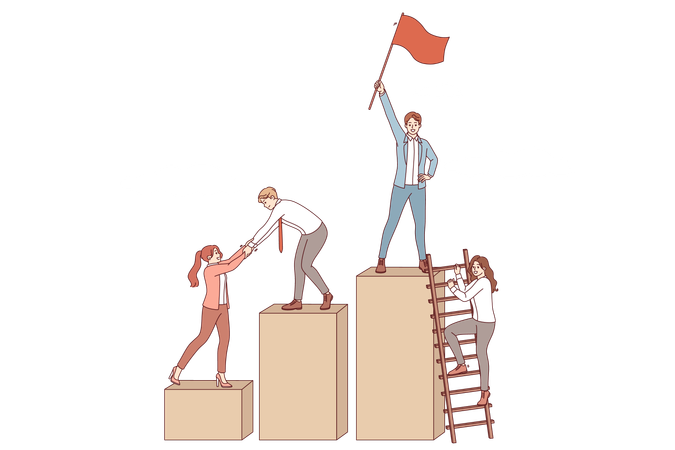 Team business people who rise to top of career ladder together and choose leader holding flag  Illustration