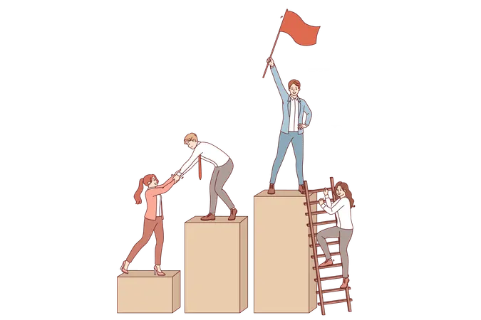 Team business people who rise to top of career ladder together and choose leader holding flag  Illustration