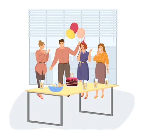 Business Celebration Concept Team Celebrates Company Anniversary Birthday Party In Office Workers Organize Holiday Congratulate Colleague Entertainment At Workplace Team Giving Balloonns And Cake Illustration