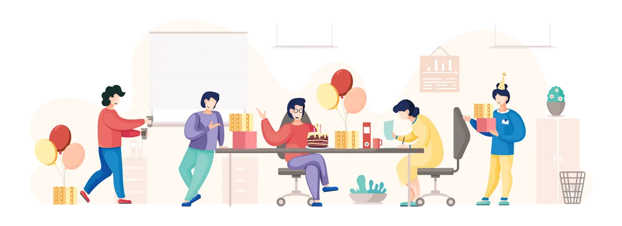 Business Celebration Concept Team Celebrates Company Anniversary Birthday Party In Office Workers Organize Holiday Congratulate Colleague Entertainment At Workplace Team Giving Gifts And Cake Illustration