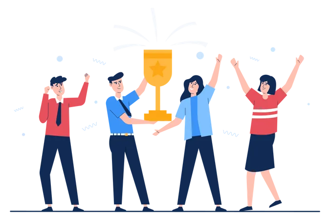 Successful Business Team Concept Happy Business People Holding Gold Trophy From Winner Competition Vector Illutration Flat Style Illustration