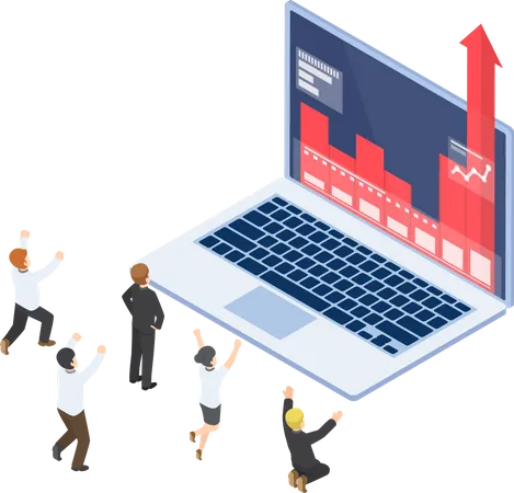 Flat 3 D Isometric Business People Happy When Graph Growth Up Through Laptop Monitor Business Success Concept イラスト