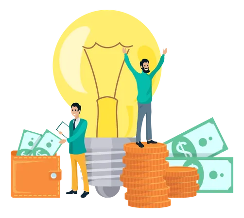 Teamwork With Business Creative Plan Colleagues Work With Idea Of New Project Planning Startup People Rejoice At Financial Investment Success Earnings Money Light Bulb As Symbol Of Creative Idea Illustration