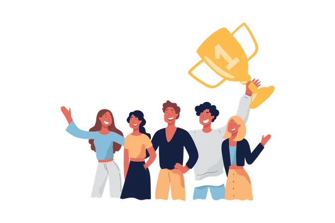 Team Celebrating Victory Smiling People Champions Holding Gold Cup Trophy Victorious Gesture Goal Achievement Successful Men Women Winning Prize Concept Cartoon Sketch Flat Vector Illustration Illustration