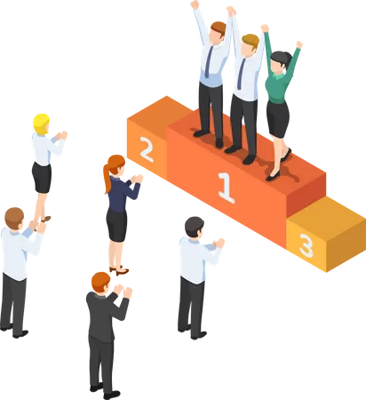 Flat 3 D Isometric Business Team On The Winner Podium And Raising Hand Together Teamwork Concept Illustration