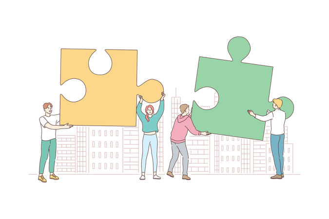 Team collect jigsaw puzzle to finding solution Illustration