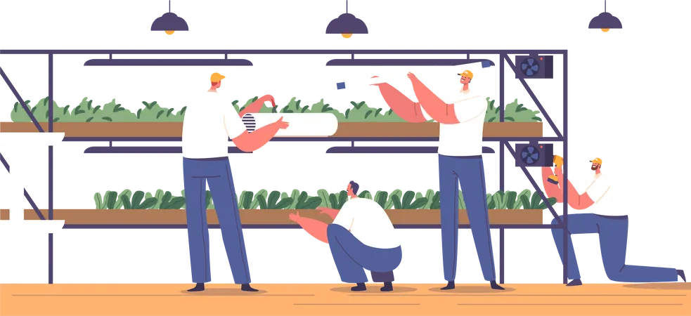 Characters Team Construct And Assemble Microgreen Racks Arranging Shelves Lamps And Frames To Create An Organized Space For Growing Tiny Nutrient Rich Plants Cartoon People Vector Illustration Illustration