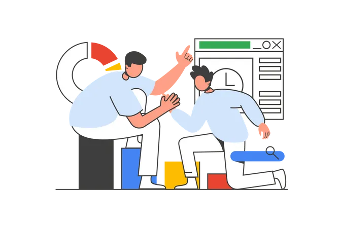 Teamwork Outline Web Concept With Character Scene Men Collaborating And Cooperating At Work Project People Situation In Flat Line Design Vector Illustration For Social Media Marketing Material Illustration