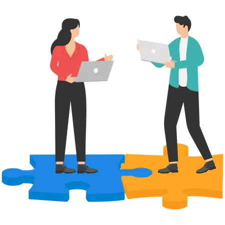 Team Coordination Job Handover Teamwork With Smooth Operation To Complete Task Or Project Concept Business People Working On Each Of Jigsaw Puzzles Connected To Form Roads Illustration