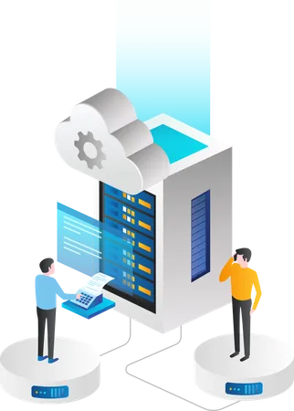The Team Develops Data And Analyzes The Cloud Server Via Telephone Illustration