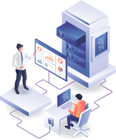 Team discussing about server maintenance  Illustration
