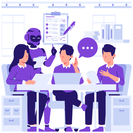 ロボットと分析レポートを議論するチーム  イラスト