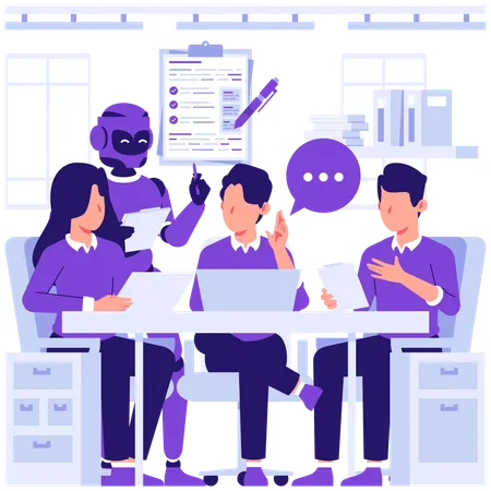 ロボットと分析レポートを議論するチーム  イラスト