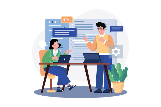 Team discussing code programming for app or website  Illustration