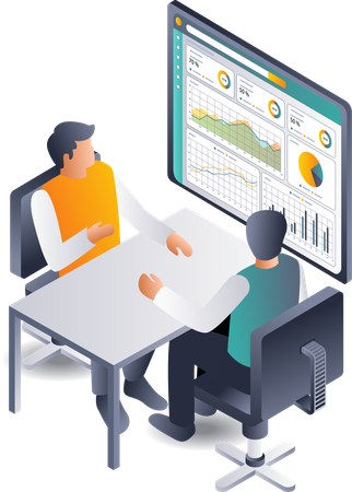 Team discussing data analysis to develop the business  Illustration