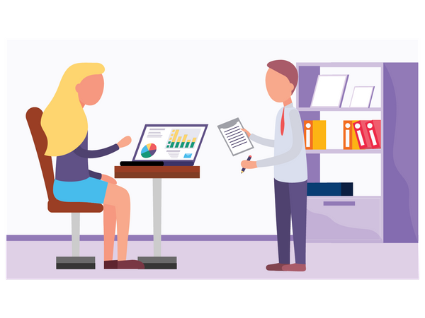 Team discussing on business analysis report  Illustration