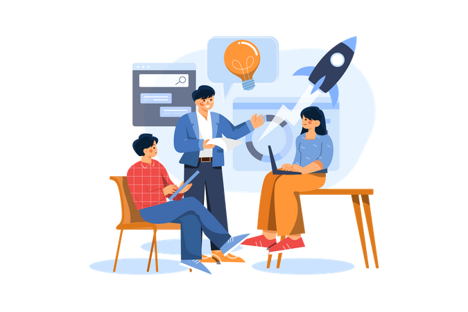 Team discussing startup marketing strategy Illustration