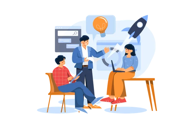 Team discussing startup marketing strategy  Illustration