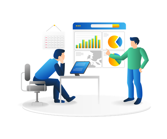 Team diskutiert über Geschäftsentwicklungsanalyse  Illustration