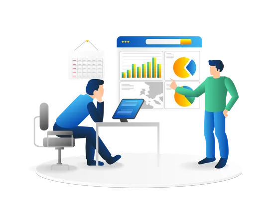 Team diskutiert über Geschäftsentwicklungsanalyse  Illustration