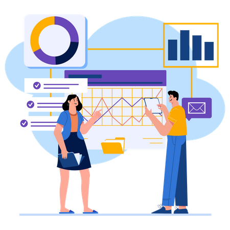 Team diskutiert über Analysebericht  Illustration