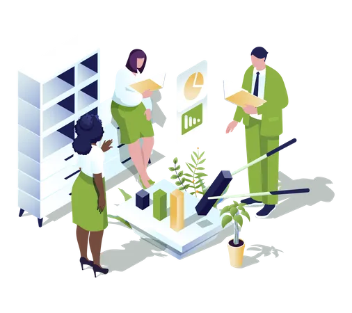 Business Statistic Web Concept In 3 D Isometric Design People Brainstorming And Accounting In Office Analyzes Data Making Financial Report With Charts Or Market Research Vector Web Illustration Illustration