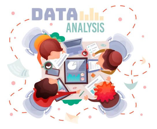 Concepts Data Analysis Teamwork A Team Of Analysts Holds A Meeting And Develops A Marketing Strategy Based On An Analysis Of The Financial Performance Diagrams Of The Enterprise Vector Flat Design Illustration