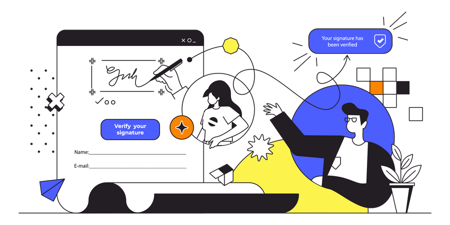 Team doing digital agreement using digital signature  일러스트레이션