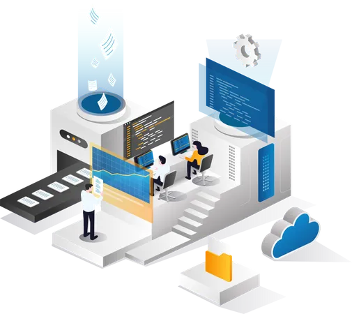 Team entwickelt Daten und analysiert Cloud-Server  Illustration