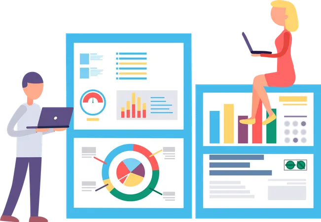 Team untersucht Statistiken und Analysediagramme  Illustration