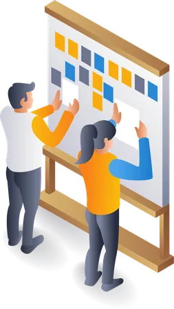 Team filling scrum board for business plan  Illustration