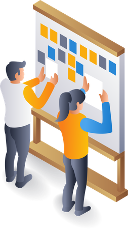 Team filling scrum board for business plan  Illustration