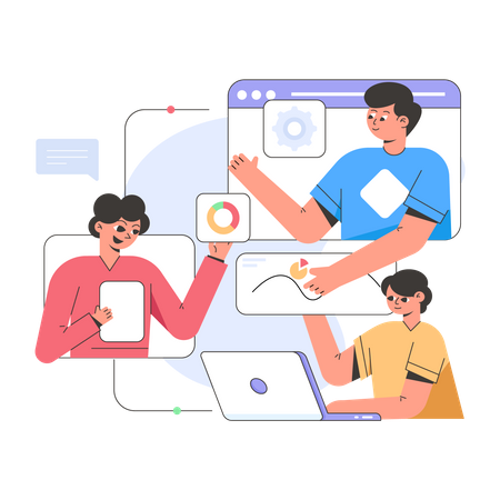 Team diskutiert in Online-Meeting  Illustration